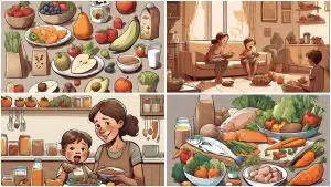 cover image of healthy foods and mother feeding her children