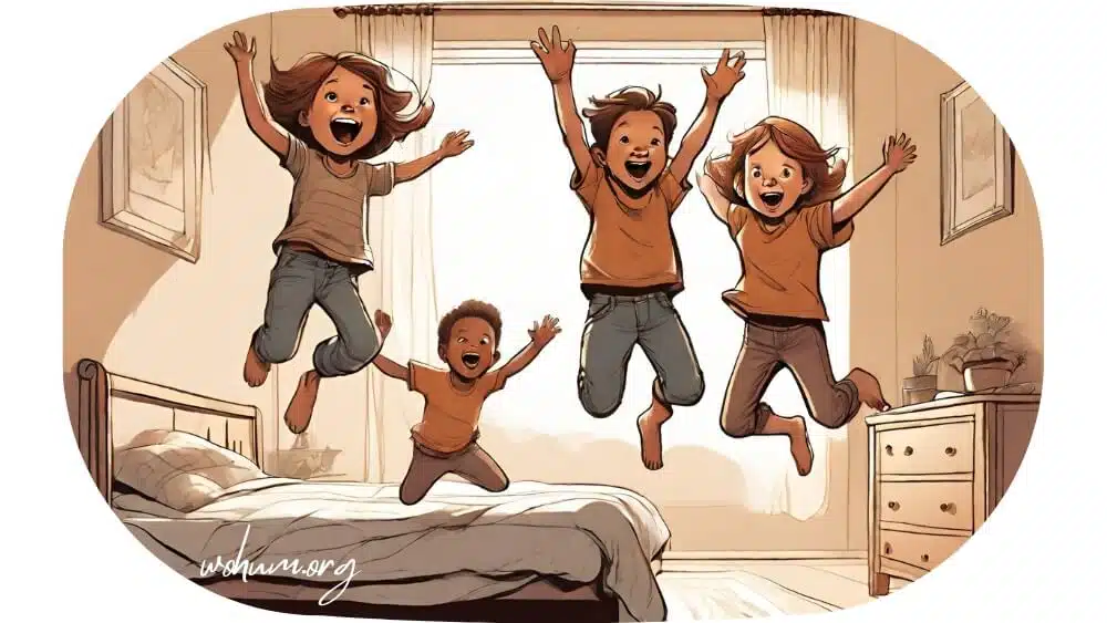 digital art of hyperactive children jumping on the bed