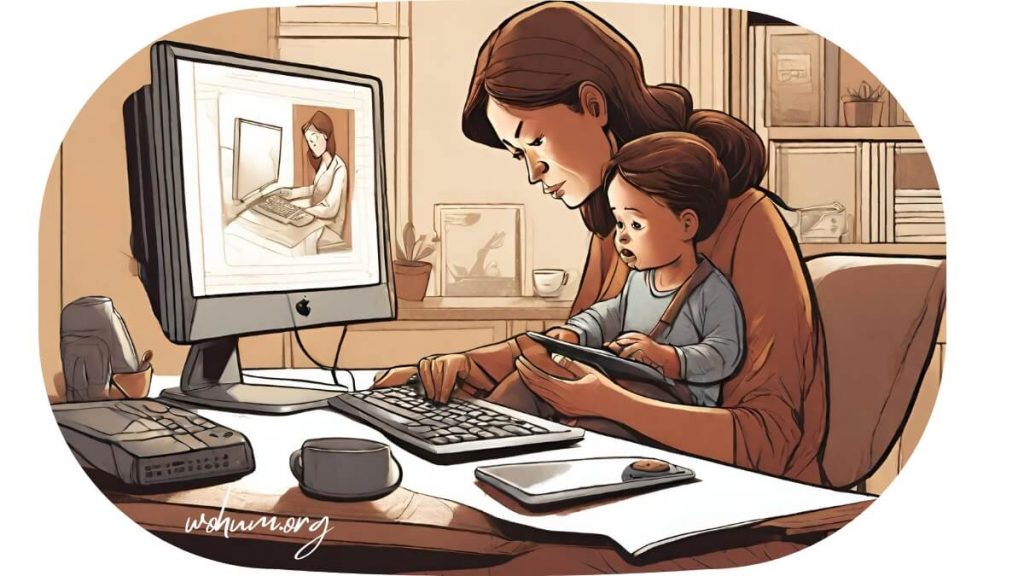A digital art of a mother working and parenting at the same time. negative effects of attachment parenting
