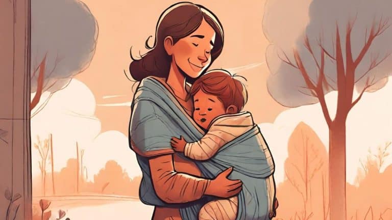 A digital art of a mother hugging her child with a wrap carrier.