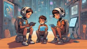 the future of early childhood education a digital art showing the children looking at their AI devices.