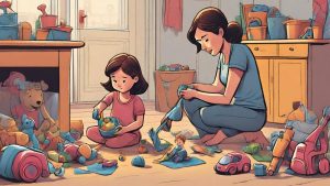 mother tidy up the toys with her daughter.