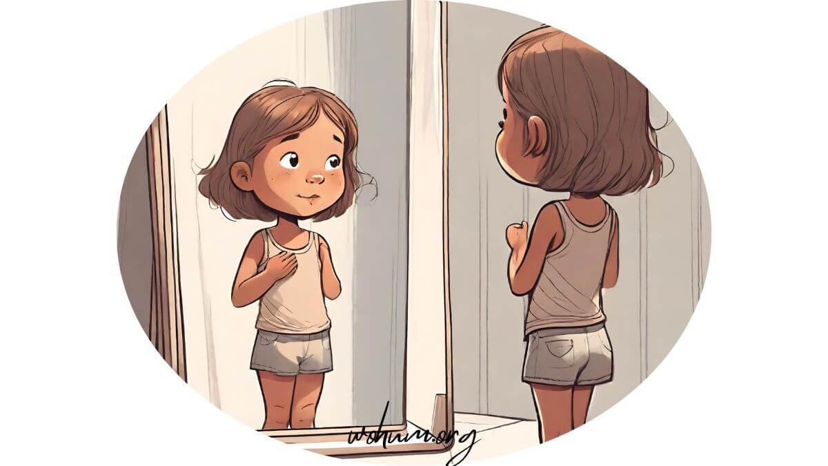A beautiful girl looking at the mirror and smiling