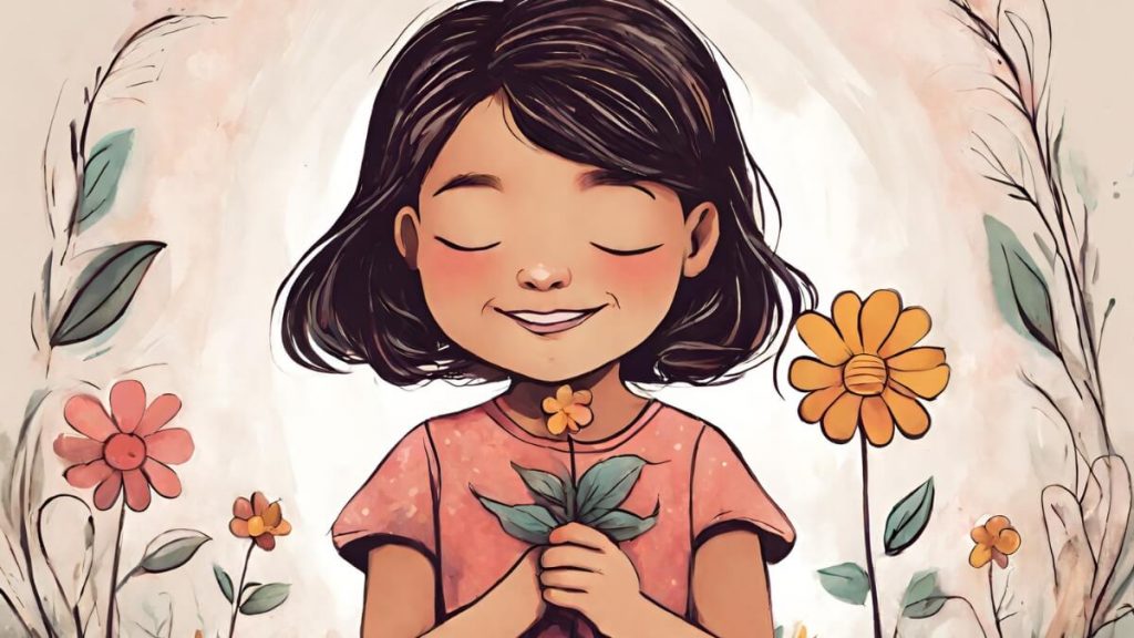 A digital art of a little girl holding a flower closing her eyes and focusing