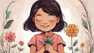 A digital art of a little girl holding a flower closing her eyes and focusing
