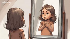 A young little girl looking at the mirror and judging her body image.