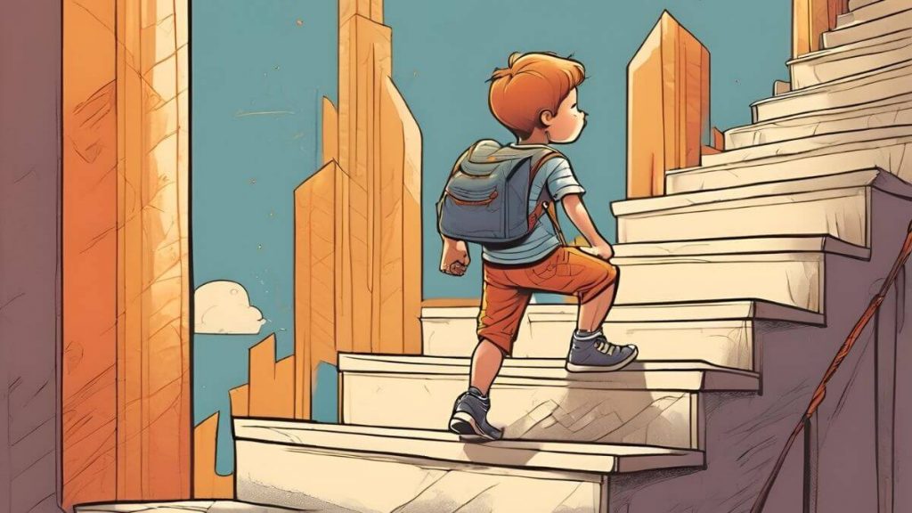 A digital art of a kid climbing the stairs