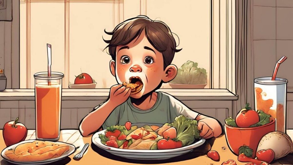 a digital art of a boy eating