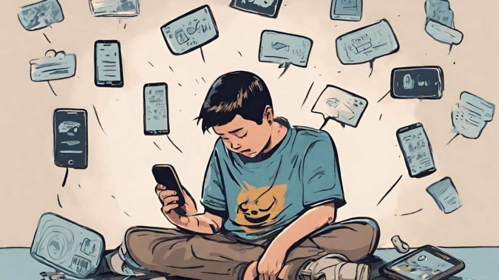 A digital art of a boy with a phone, being bullied