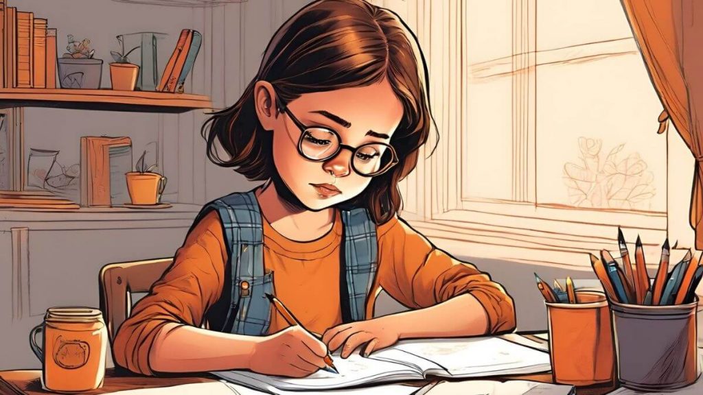 a digital art of a girl doing her homework