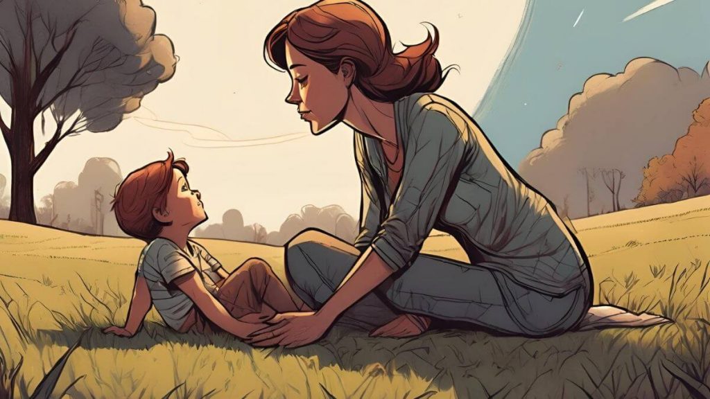 a digital art of a mother with her kid enjoying outdoor