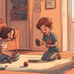 a digital art of two kids playing indoors