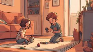 a digital art of two kids playing indoors