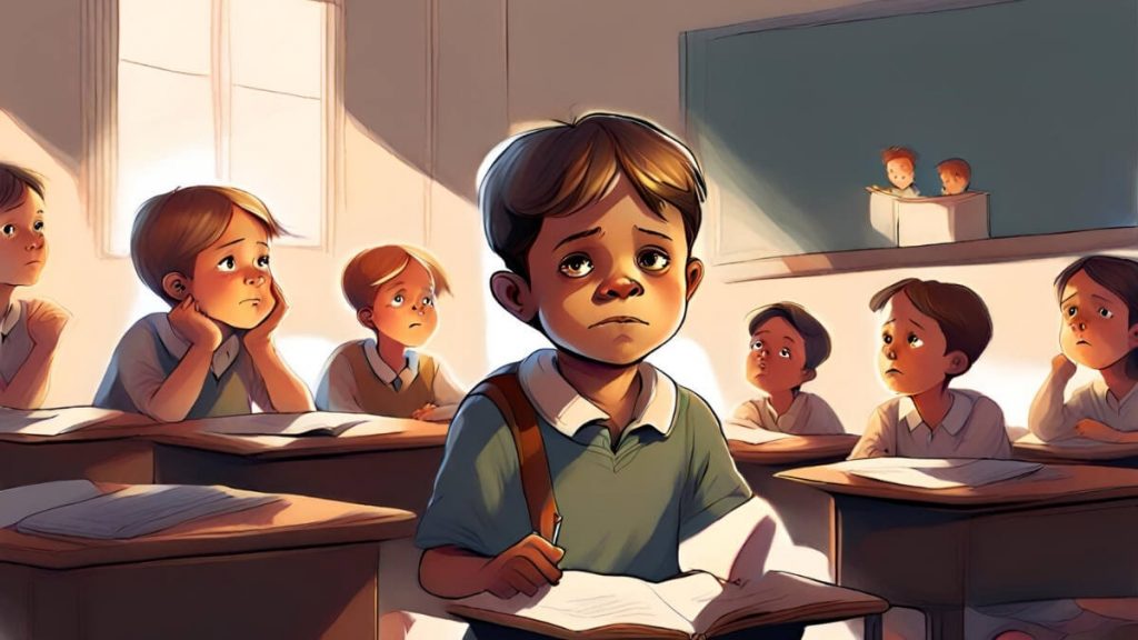 A digital art of a child with anxiety in the classroom