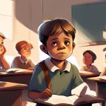 A digital art of a child with anxiety in the classroom