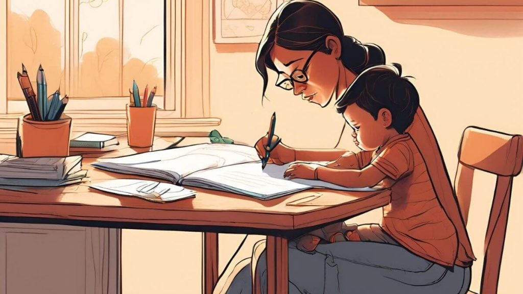 a digital art of a mother doing homework with her toddler