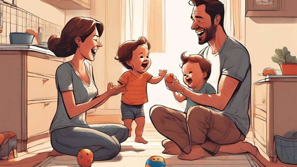 a digital art of a mother and a father playing with their kids