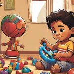 a digital art of a boy playing with his toys