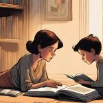 A digital art of a mother reading book with her son