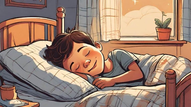 a digital art of a boy peacefully sleeping in his bed