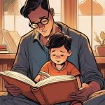 digital art of a father reading book with his son