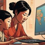digital art of a mother looking at computer with her child